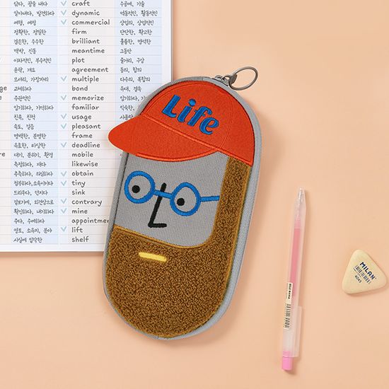 캔버스 필통 부클 자수 펜 파우치_비어드맨_프렌드