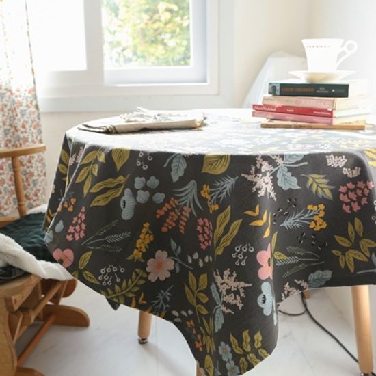 면린넨 빅 플라워 식탁보 테이블보 덮개-차콜