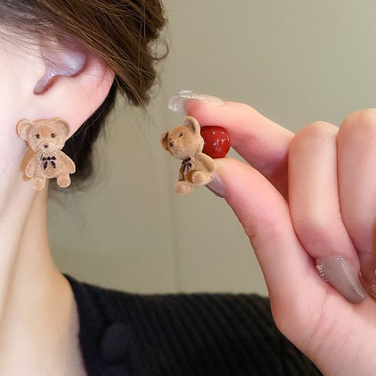 큐트 벨벳 리본 곰돌이 캐릭터 레드 왕볼 패션 귀걸이