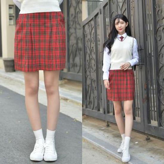 레드체크주름치마 주름 교복치마 튤립주름치마