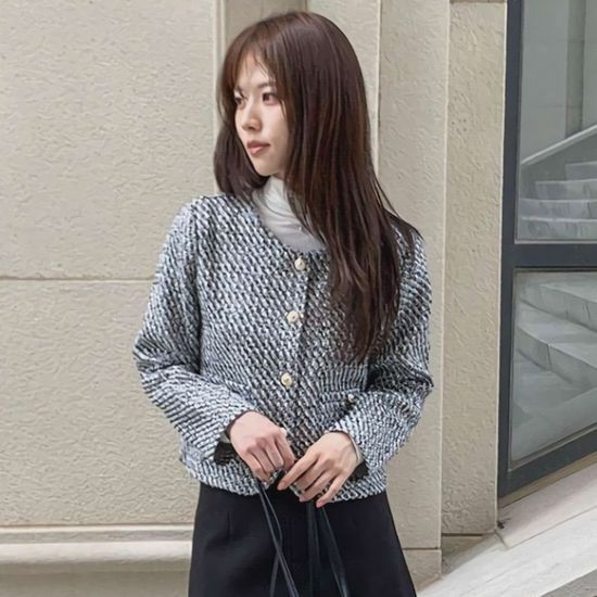 여성 노카라 유넥 크롭 트위드 자켓