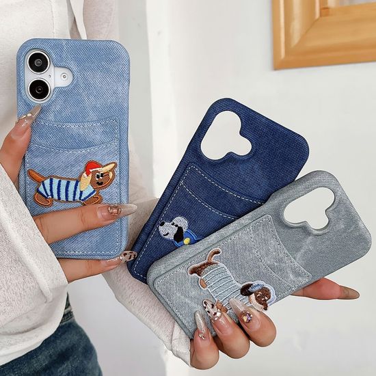 아이폰 14 13 프로 맥스 강아지 자수 카드 데님케이스