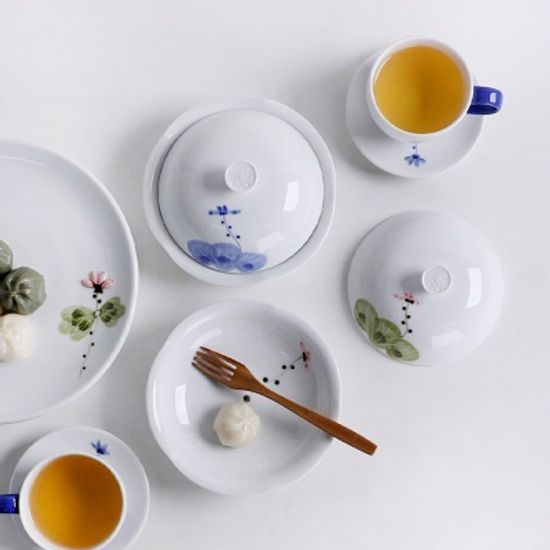 늘 한꽃 국산 백자 다식 뚜껑 접시 2종 택1