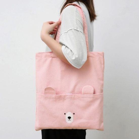 쫑긋 곰돌이 에코백 핑크 가벼운 데일리 얼굴 천 가방