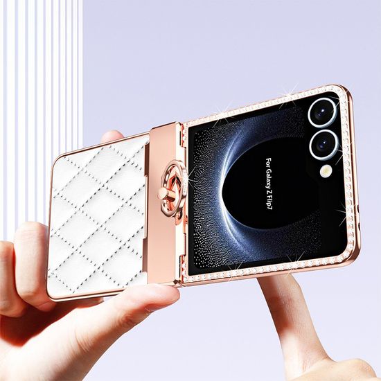 갤럭시 z플립7 퀄팅 가죽 큐빅 데코덴 힌지 링 케이스