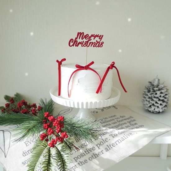 크리스마스 레드 리본 케이크 토퍼 세트