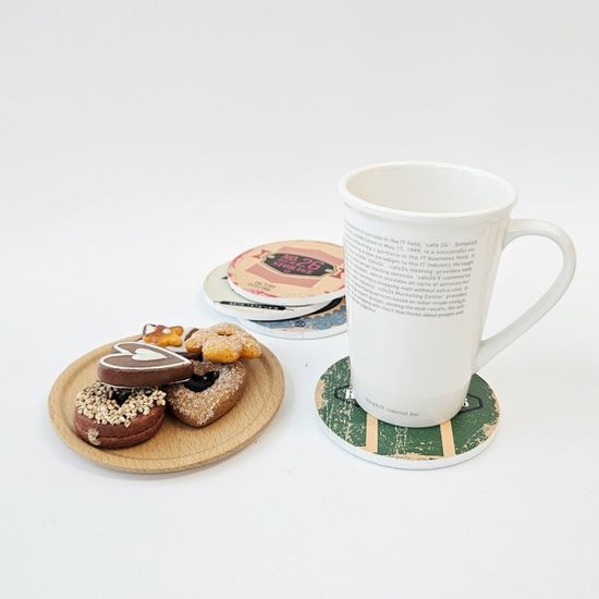 빈티지 팩토리 우드 원형 코스터 4p set