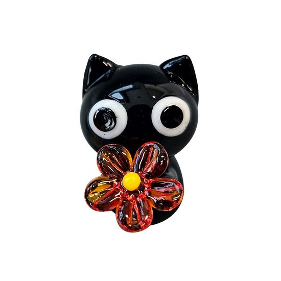 유리 미니어쳐 꽃을 든 고양이 블랙