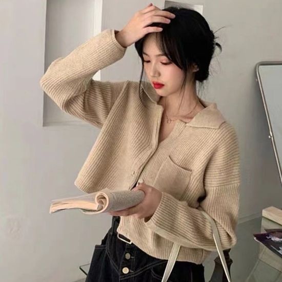 싱글 포켓 크롭 니트 가디건 골지가디건 큐티가디건[W