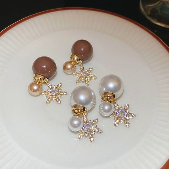 진주 큐빅 눈꽃 리본 드롭 귀걸이 데일리 패션 귀고리