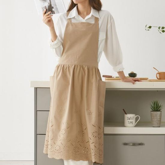 루나 홀리스 자수 펀칭 순면 롱 앞치마 베이지