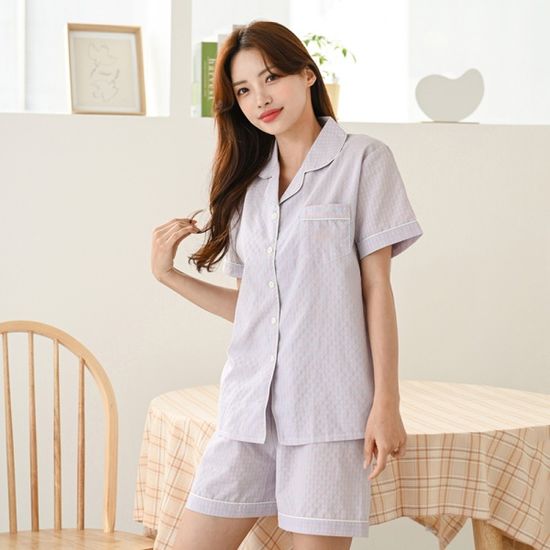비엔 블루 핑크 체크 여름 잠옷 파자마 홈웨어