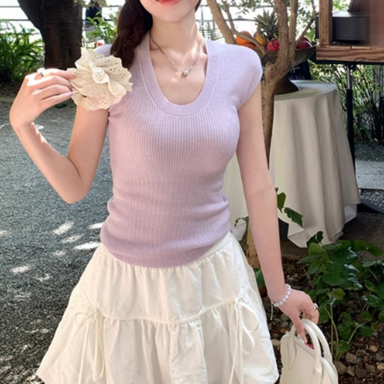 코지 라운드 캡소매 니트탑 여성 데일리 스웨터