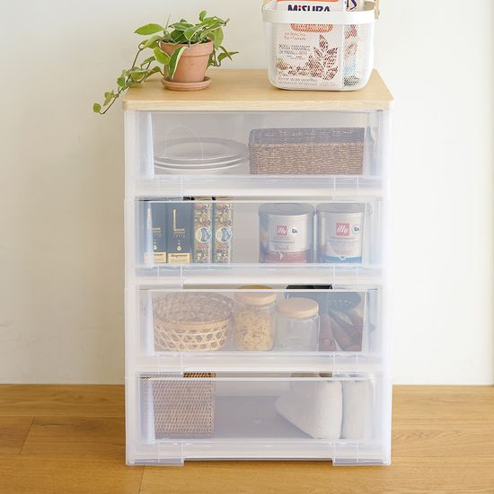 이노스 투명 우드상판 4단 플라스틱 서랍장 옷 정리함