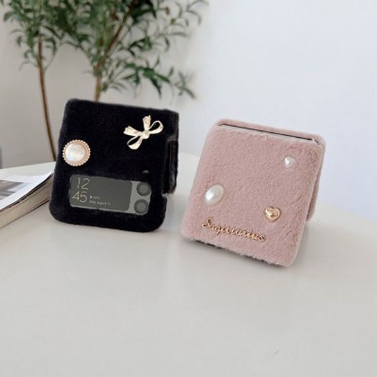 갤럭시 Z플립3 리본 진주 데코덴 겨울 털 하드 케이스