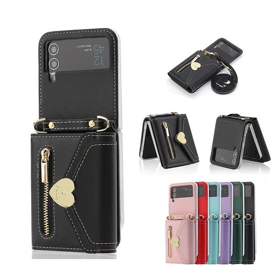 갤럭시z플립 5 4 3 골드 하트 카드지갑 스트랩 케이스