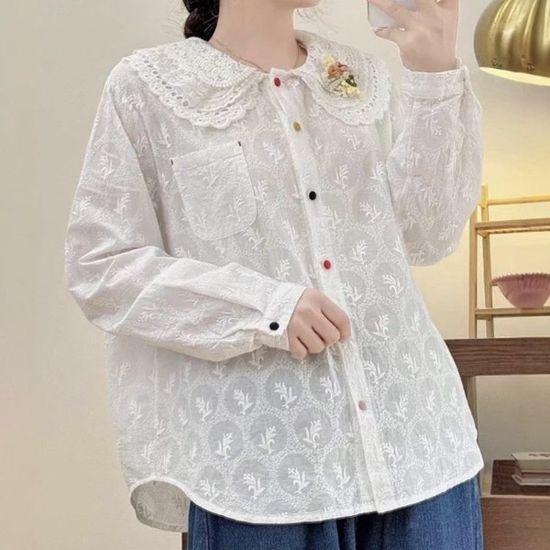 [애슬릿]꽃 패턴 레이스 카라 여성 화이트 블라우스