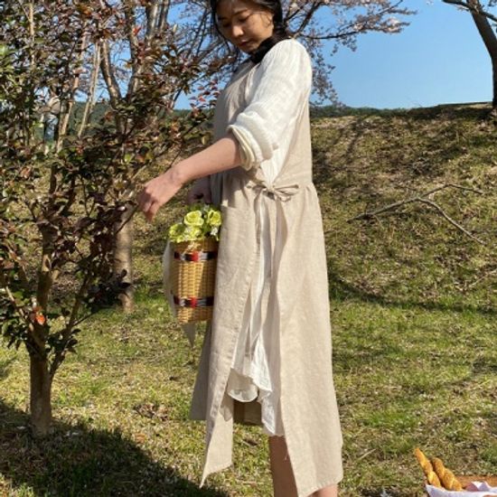 깨알 체크 면 장금이 원피스 에이프런 앞치마-베이지