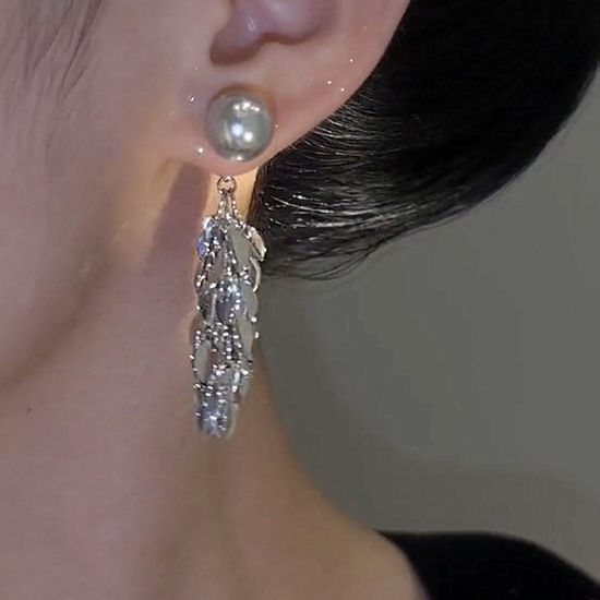 왕진주 볼드 잎새 태슬 샹달 롱 드롭 데일리 귀걸이