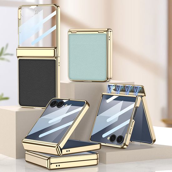 갤럭시 Z플립7 골드 자석 힌지 보호 단색 가죽 케이스