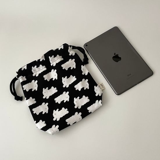 비숑 손그림 패턴 끈파우치 / 블랙 XL