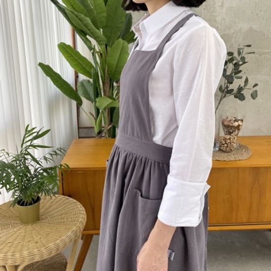 쿠이나 자체제작 포켓 심플 린넨 앞치마 원피스