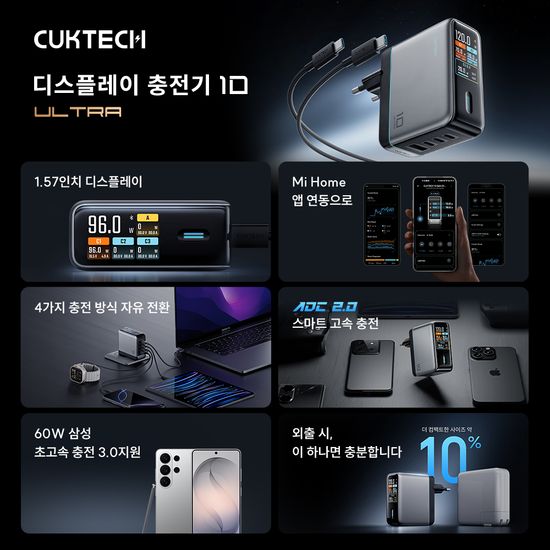 CUKTECH 쿡테크 10 Ultra GaN 충전기 100W 스마트 디스플레이 4포트 C타입 고속 충전기