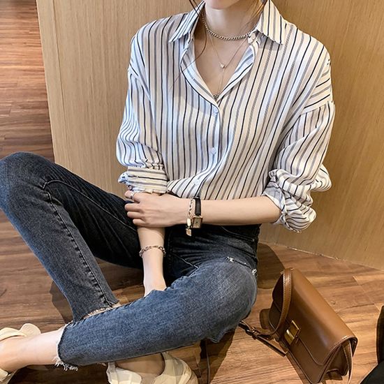 루즈핏 스트라이프 셔츠 여성 남방 코튼 긴팔 데일리