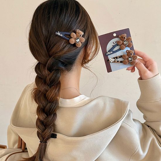 곰돌이 큐빅 뚝딱핀 머리핀 벨벳 옆 앞머리 헤어핀 삔