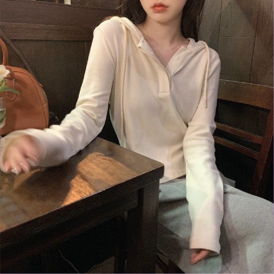 여성 긴팔 단추 후드티 데일리 맨투맨 티셔츠