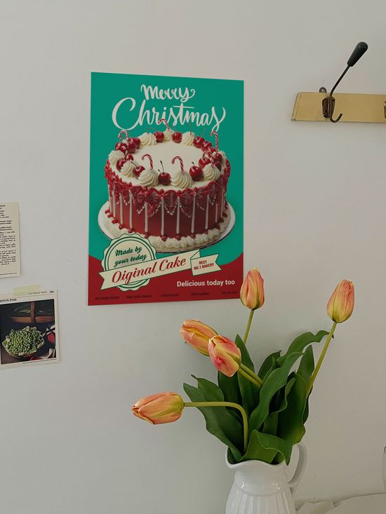 크리스마스 빈티지 체리 생크림 케이크 포스터