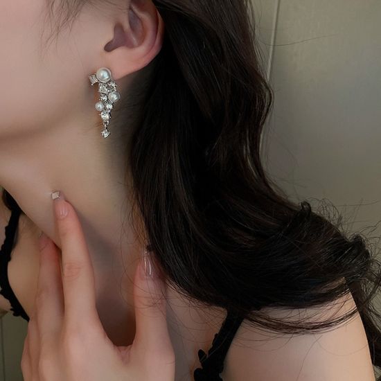 진주 펄 리프 스톤 롱 드롭 럭셔리 귀걸이 925 실버
