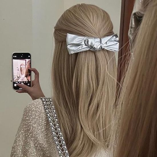 두아루 Y2K 메탈릭 실버 리본 헤어핀 헤어 집게핀