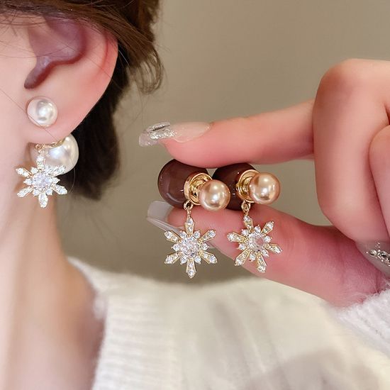 세련된 겨울 눈꽃 리본 왕 볼 진주 큐빅 드롭 귀걸이