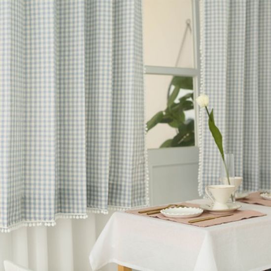 레브 체크 폼폼 커튼-블루