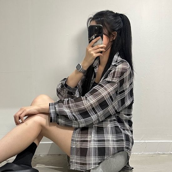 여성 오버핏 시스루 체크 남방 셔츠 루즈핏 3color