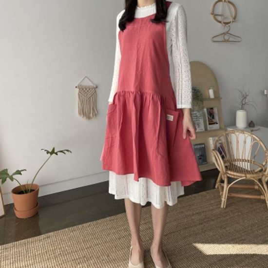 쿠이나 린넨 파스텔 와이드 원피스 앞치마