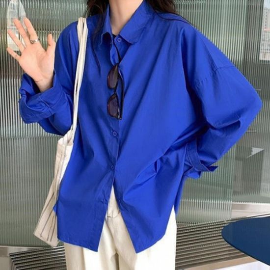 강렬한 코발트 블루 오버핏 긴팔셔츠 블라우스 여성