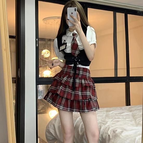 화이트 반팔퍼프 블라우스 레드체크치마 세라복 교복