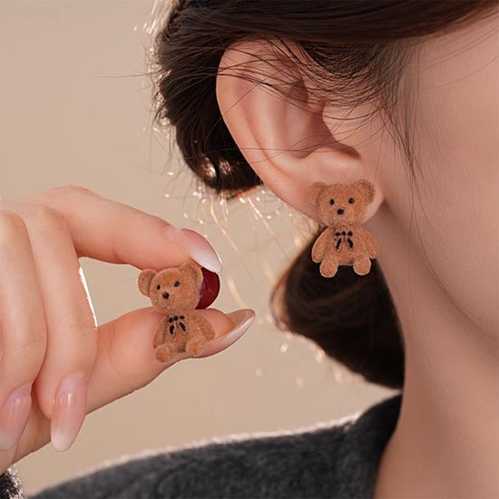 큐트 벨벳 리본 곰돌이 캐릭터 레드 왕볼 패션 귀걸이