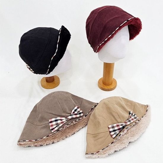 [애슬릿]체크 리본 퍼 벙거지 모자 중년 여성 버킷햇