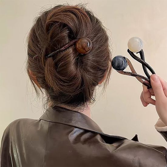 컬러 진주 왕볼 U자형 꼬임 헤어 비녀 머리 장식 핀