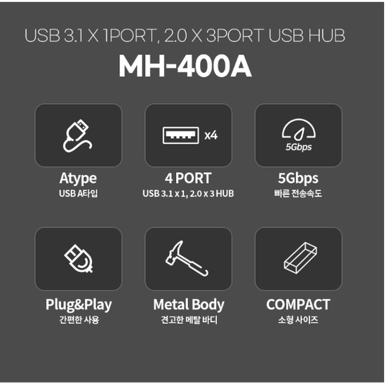 유니콘 MH-400A USB3.1 A타입 4포트 USB허브 무전원