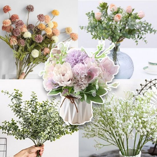 수국 민들레 유칼립투스 안개꽃 장미 조화 장식 기획