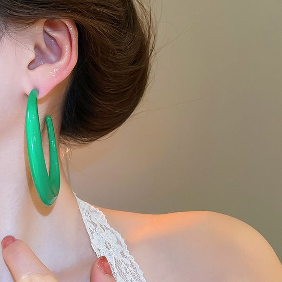 키치 복고 빅 C자형 핫핑크 그린 후프 귀걸이 컬러링