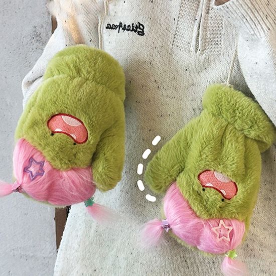 귀여운 캐릭터 머리카락 밍크 털 벙어리 겨울 퍼 장갑