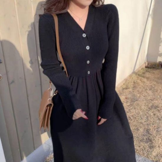 데일리 단추 니트 원피스 A라인 골지 블랙 미디 여성 