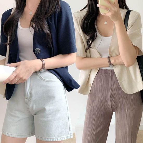 반팔 단추 자켓 트위드 노카라반팔 크롭 재킷 여름