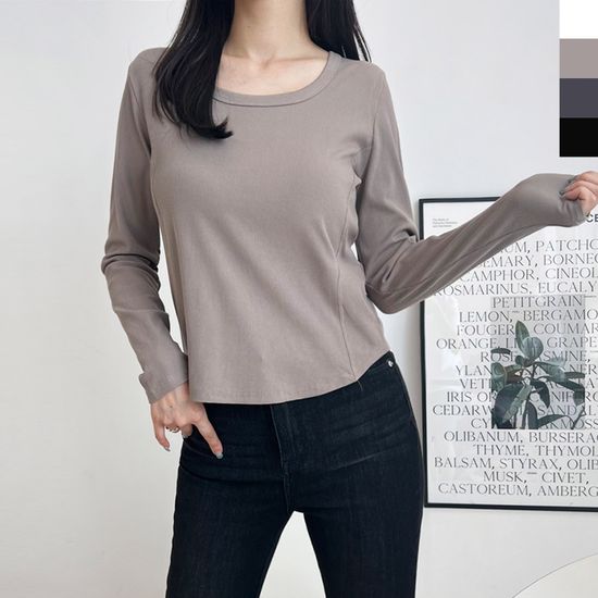 여자 슬림 라인 긴팔 스퀘어넥 티셔츠 여성 캐주얼