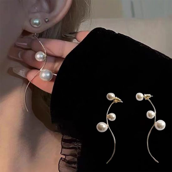 골드 라인 펄 진주 긴 롱 드롭 귀걸이 파티 웨딩 촬영